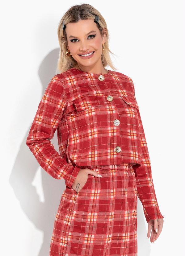 Vista 2 Blazer Xadrez Vermelho com Botões Funcionais Moda Pop Moda Pop