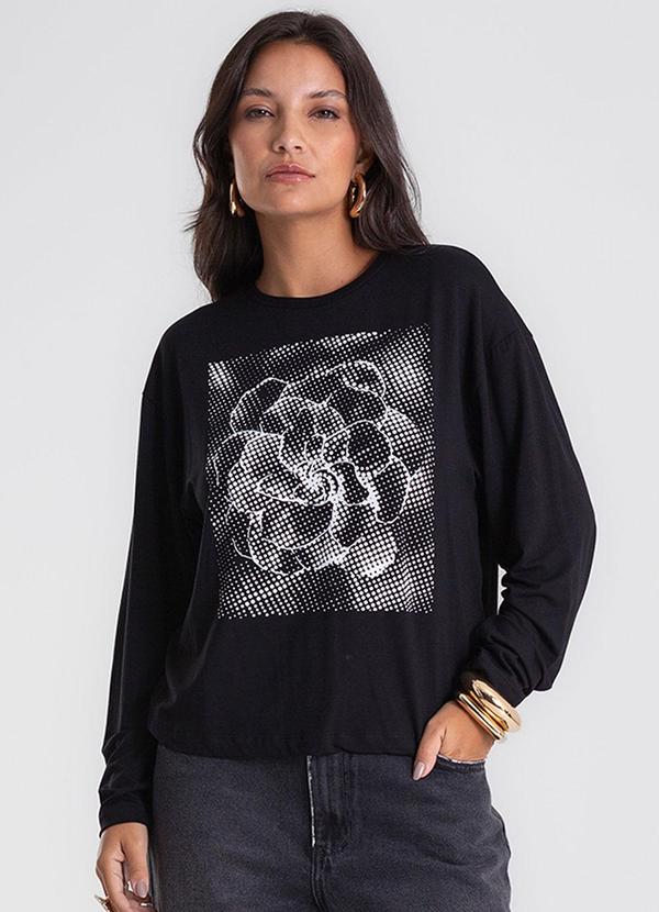 Blusa Manga Longa com Estampa Preto