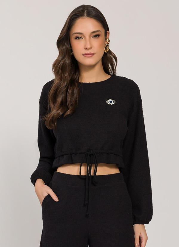 Blusão Cropped em Malha Tweed Preto