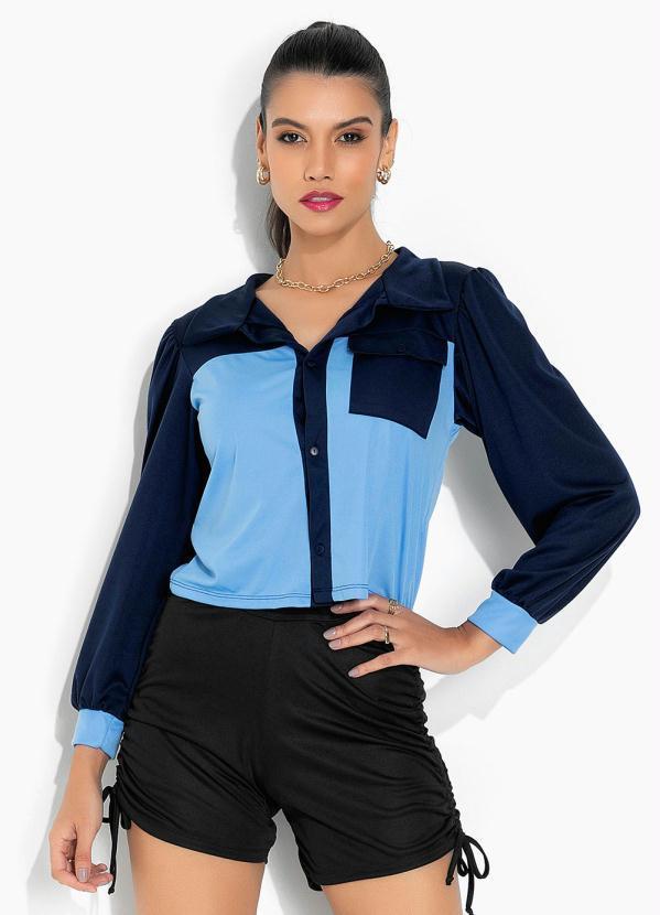 Casaco Bicolor Azul com Mangas Bufantes