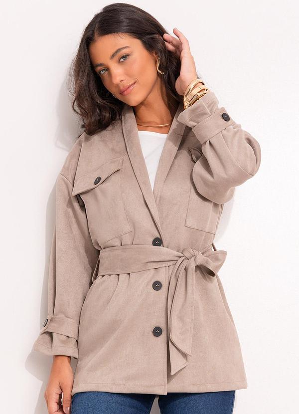 Parka Alongada em Malha Suede com Bolsos Cargo e Faixa