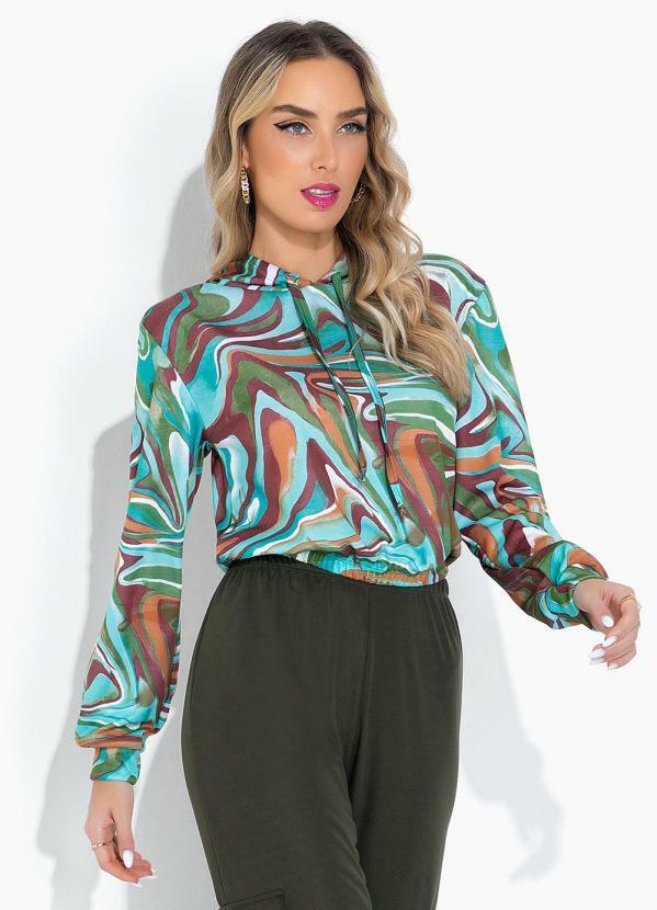 Vista 2 Casaco Efeito Líquido Turquesa com Capuz Moda Pop Moda Pop