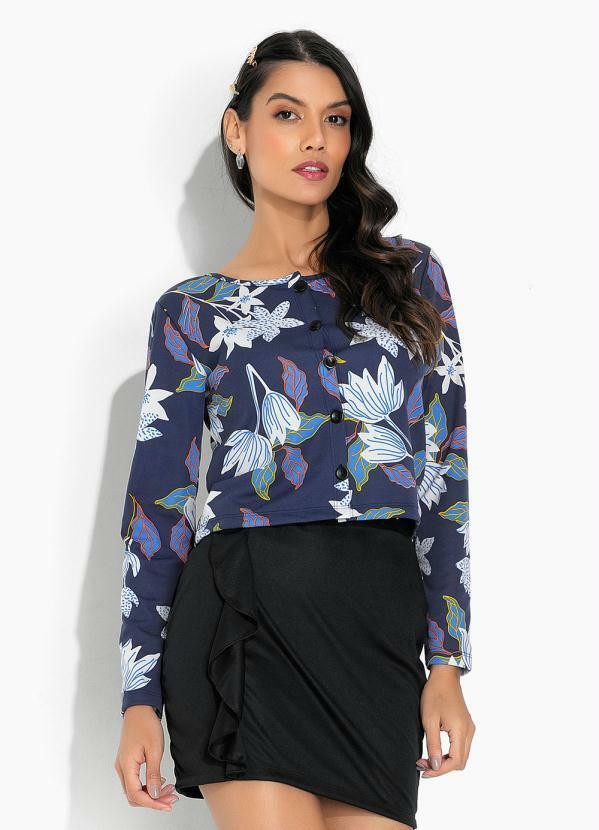 Casaco Floral Azul com Fechamento em Botões