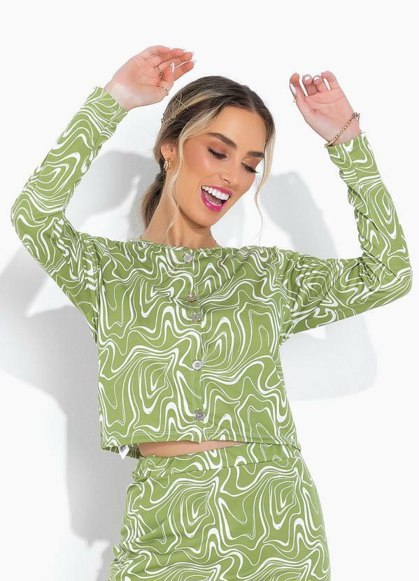 Vista 2 Blusa Efeito Líquido Verde com Botões Moda Pop Moda Pop