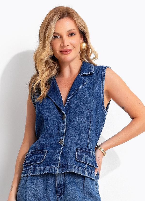 Colete Azul Escuro em Jeans de Algodão