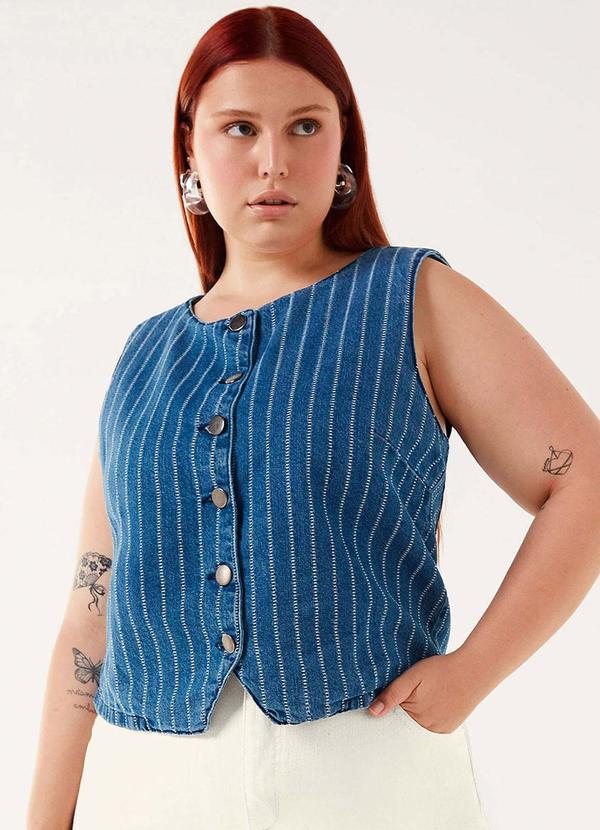 Colete Feminino Listrado Jeans Azul