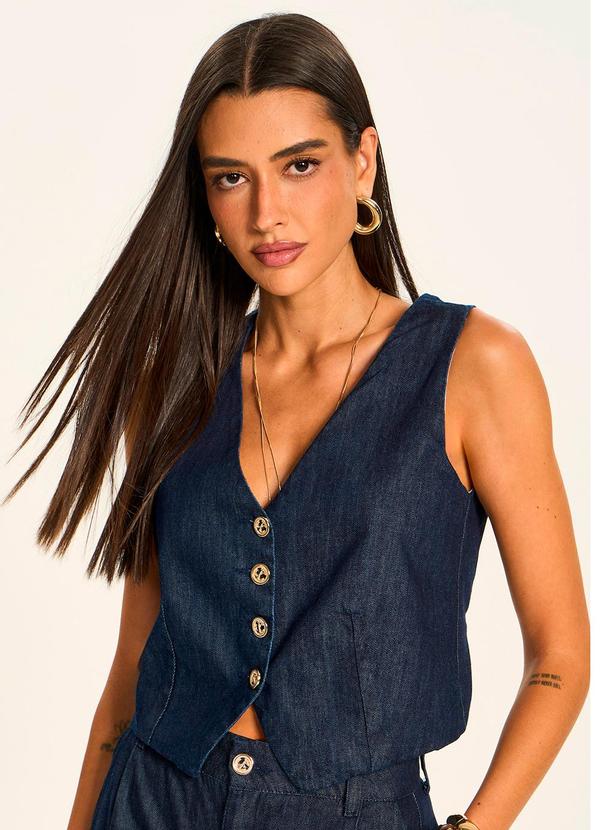 Colete Jeans Acinturado com Botões Miragem Azul