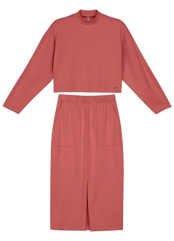 Vista 2 Conjunto Blusão e Saia Midi Moletom Rosa Marialícia Marialícia