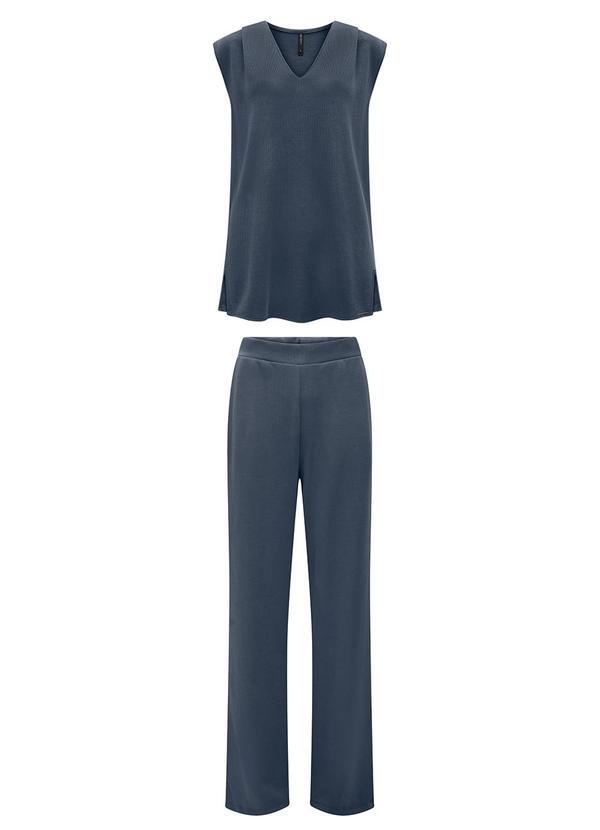 Conjunto com Calça e Blusa Alongada Tricô Azul