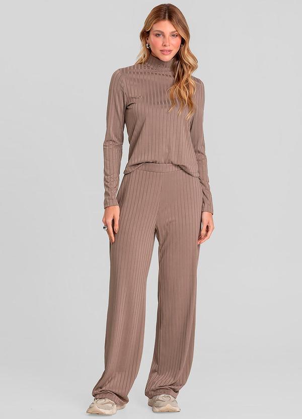 Conjunto Feminino Blusa e Calça em Ribana Marrom