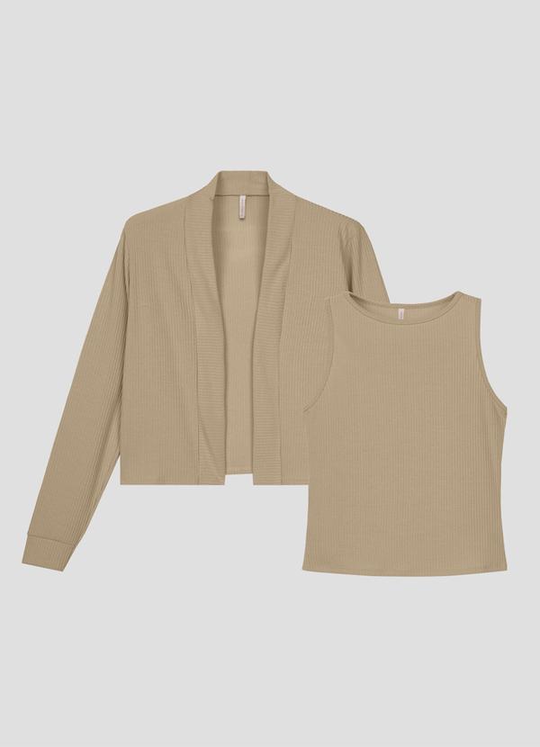Conjunto Feminino Regata e Cardigan Canelado Bege