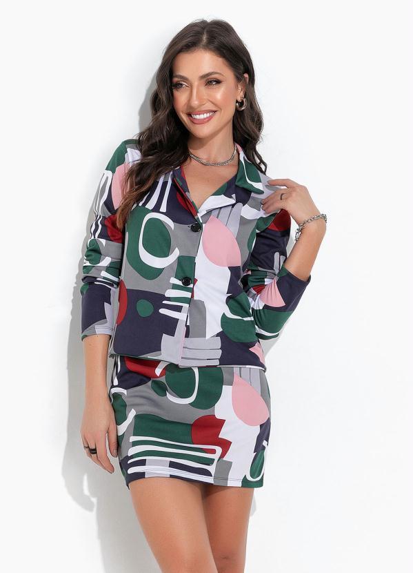 Vista 2 Conjunto Geométrico Cinza com Blazer e Saia Moda Pop Moda Pop