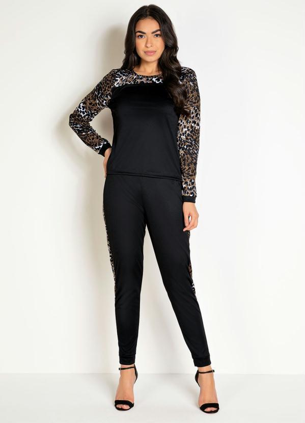 Vista 2 Conjunto Preta e Onça com Blusa e Calça Moda Pop Moda Pop