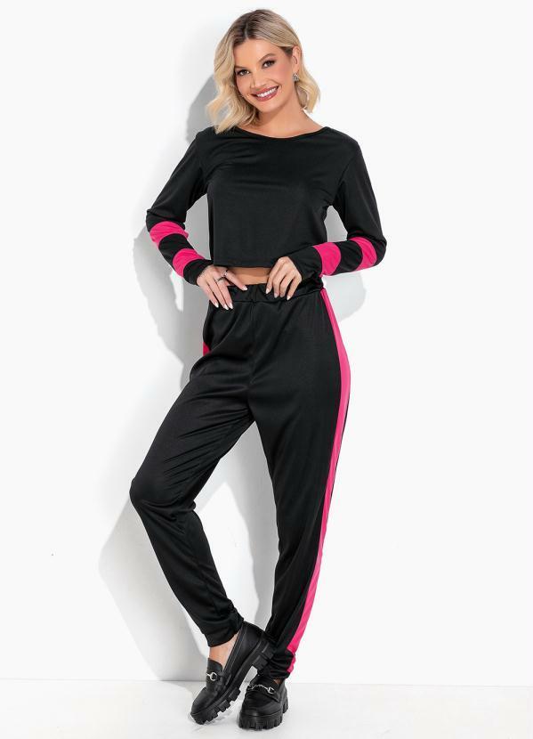Conjunto Preta e Pink com Cropped e Calça