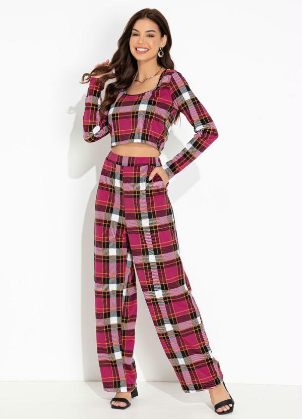 Conjunto Xadrez Rosa com Cropped e Calça
