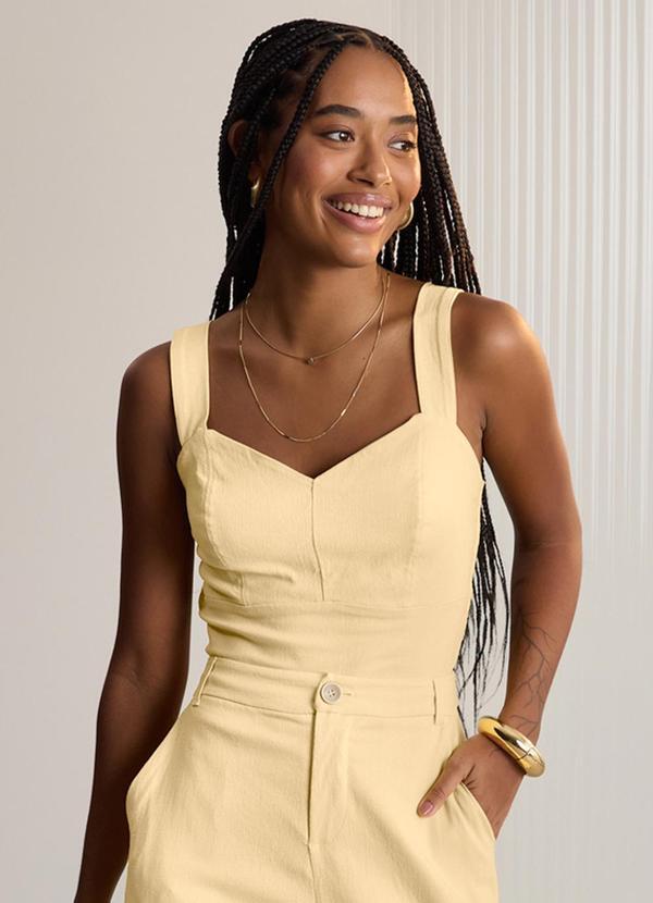 Blusa Cropped de Alças com Linho Amarelo