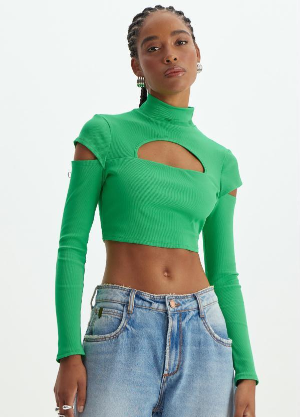 Blusa Cropped de Malha com Cut Off Verde