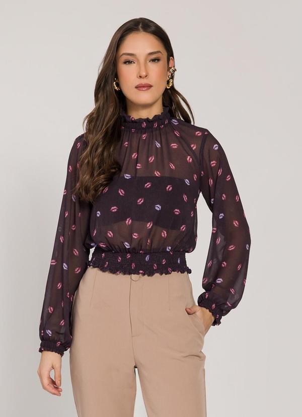 Blusa Cropped em Chiffon Estampado Preto