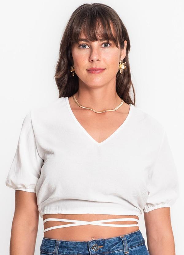 Vista 2 Blusa Cropped Feminina Decote V Bege Rovitex Rovitex