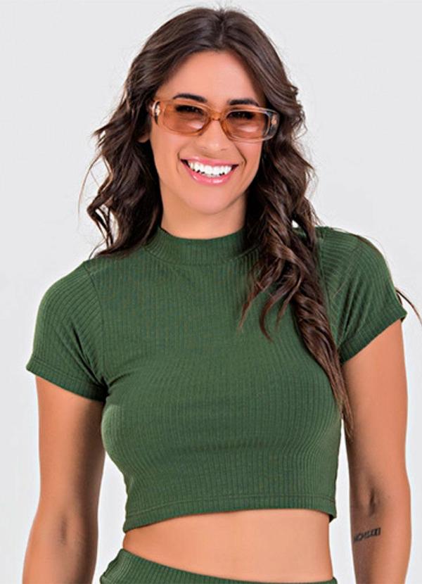 Vista 2 Blusa Cropped Gola Alta Canelada Verde Militar Meu Jeans Meu Jeans