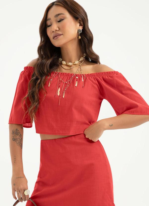 Vista 2 Blusa Cropped Ombro a Ombro em Algodão Vermelho Cativa Cativa
