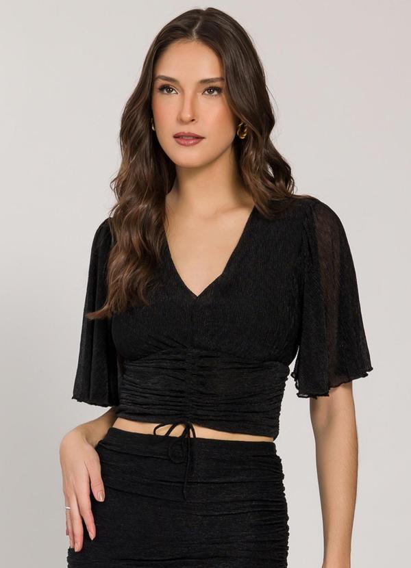 Blusa Cropped Plissada com Amarração Preto