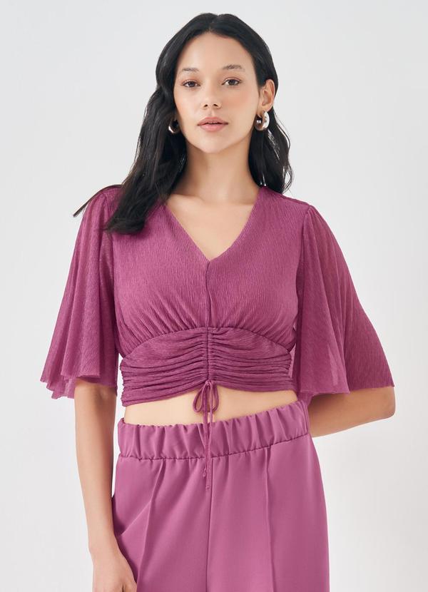 Blusa Cropped Plissada com Amarração Roxo