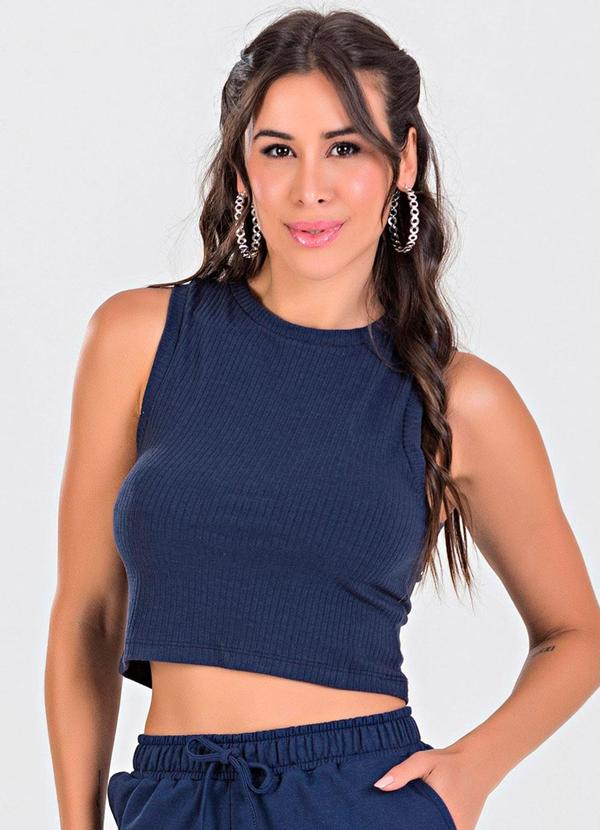 Vista 2 Blusa Cropped Regata Canelada Azul Marinho Meu Jeans Meu Jeans