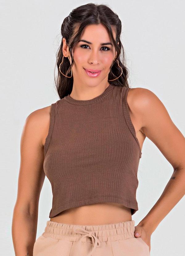 Vista 2 Blusa Cropped Regata Canelada Marrom Meu Jeans Meu Jeans