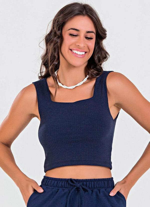 Blusa Cropped Ribana Canelada Azul Marinho