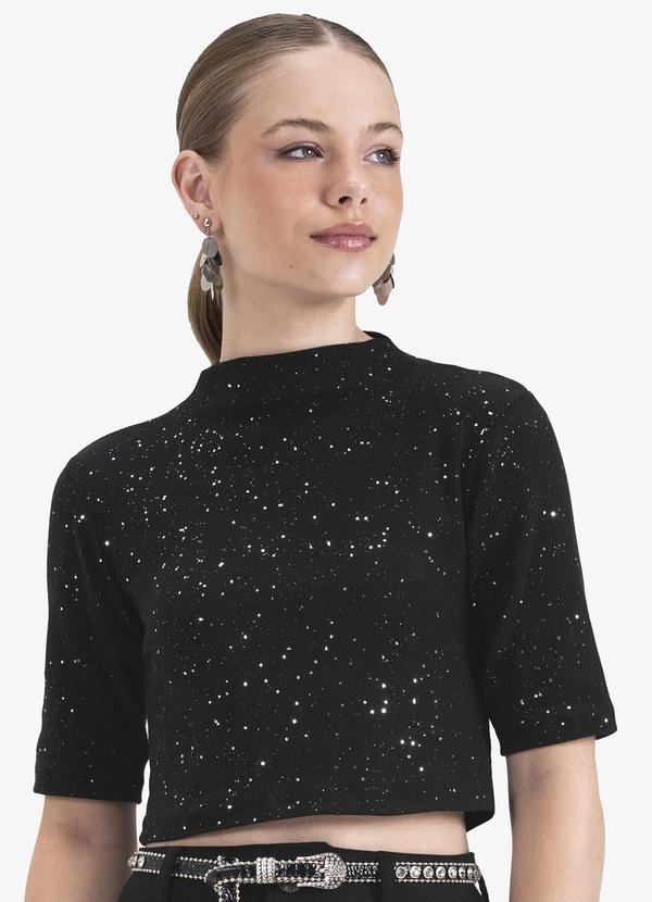 Vista 2 Blusa Manga Curta em Ribana Preto MINTY MINTY