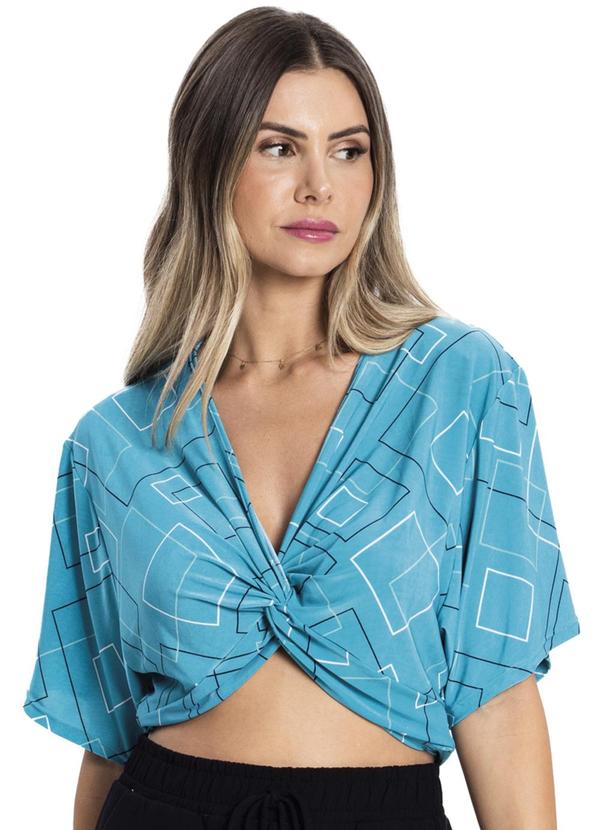 Blusa com Traanspassado em Forma de Nó Azul