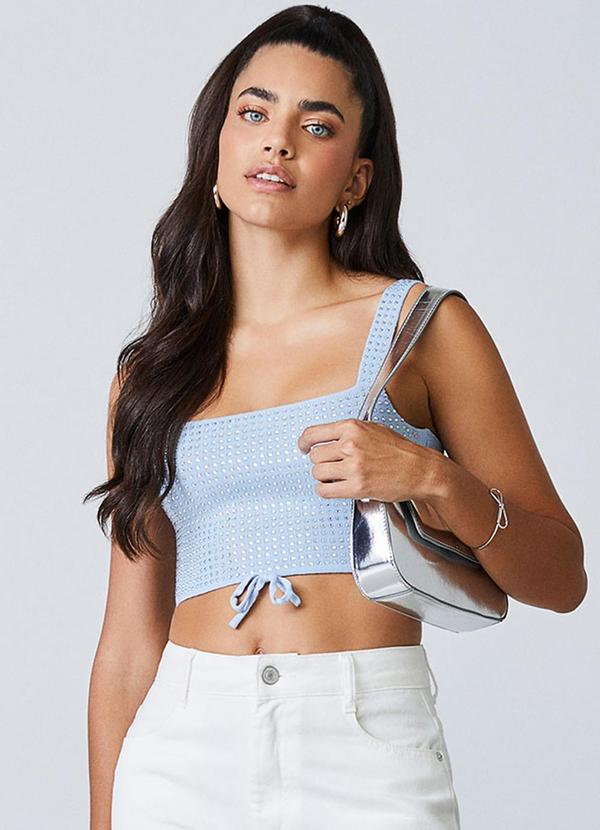 Cropped Azul de Tricot com Strass Azul