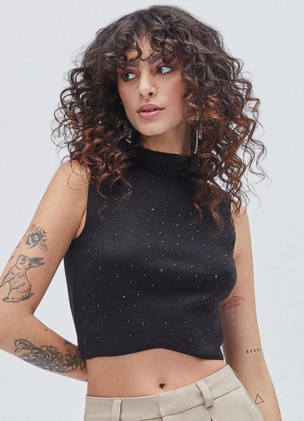 Cropped de Tricot com Strass Preto
