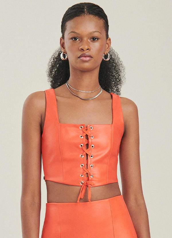 Cropped Fake Leather Laranja Laranja