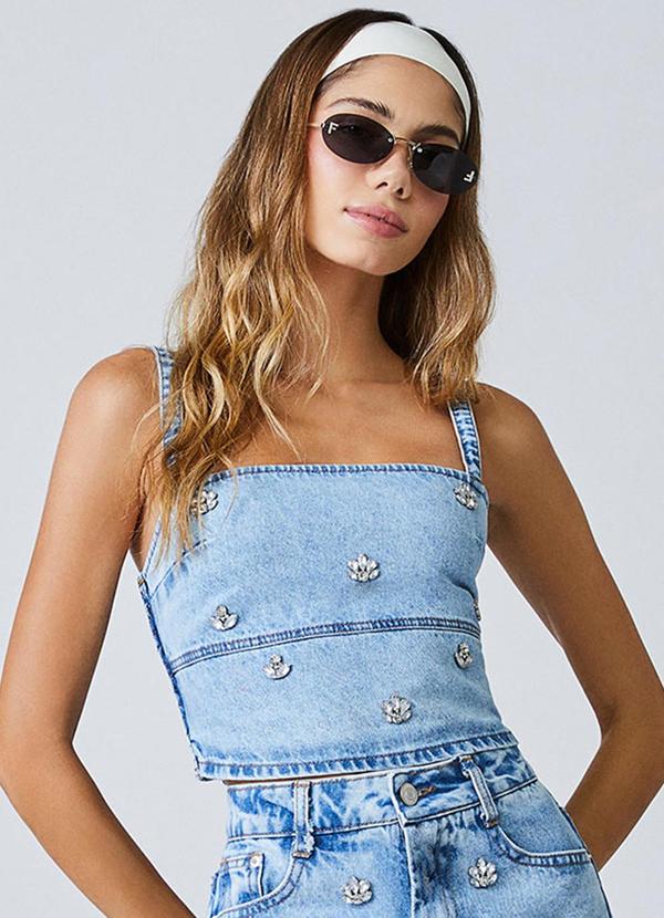 Cropped Jeans com Pedrarias Azul