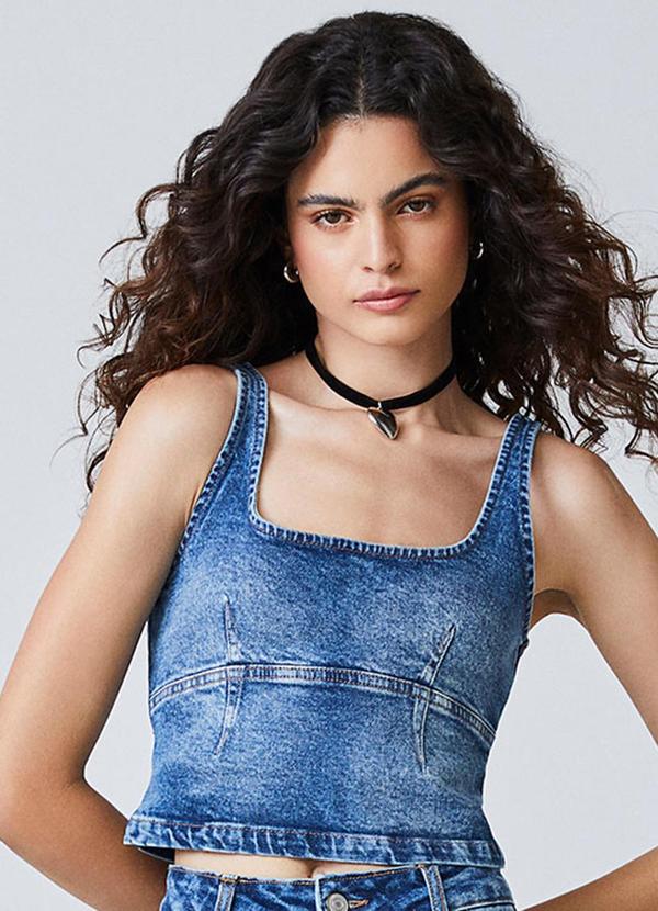 Cropped Jeans com Peplum Azul