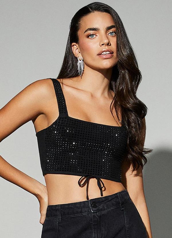 Cropped Preto de Tricot com Strass Preto