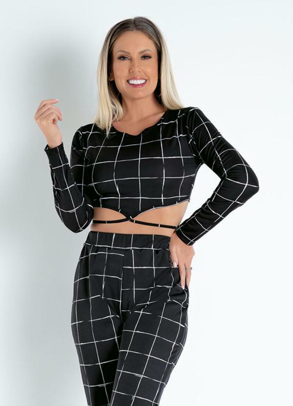 Vista 2 Cropped Xadrez Preta com Amarração Moda Pop Moda Pop