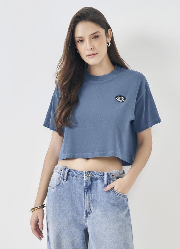 T-Shirt Cropped com Aplique Bordado Azul