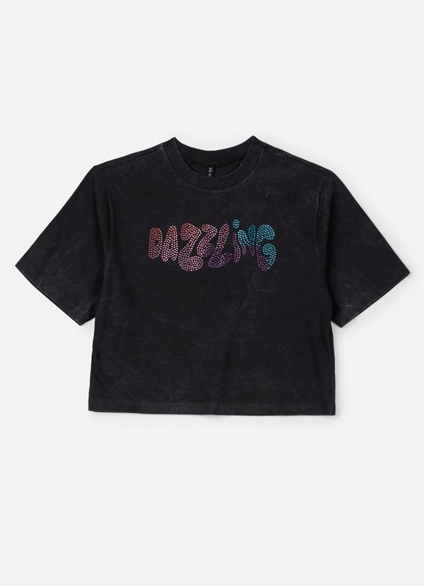 T-Shirt Cropped com Strass Degradê Preto