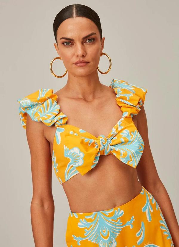 Top Cropped de Alça de Tricoline Amarelo
