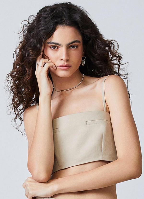 Top de Sarja com Bolso Embutido Fake Bege