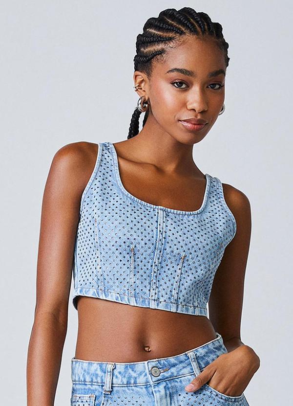 Top Jeans com Strass Azul