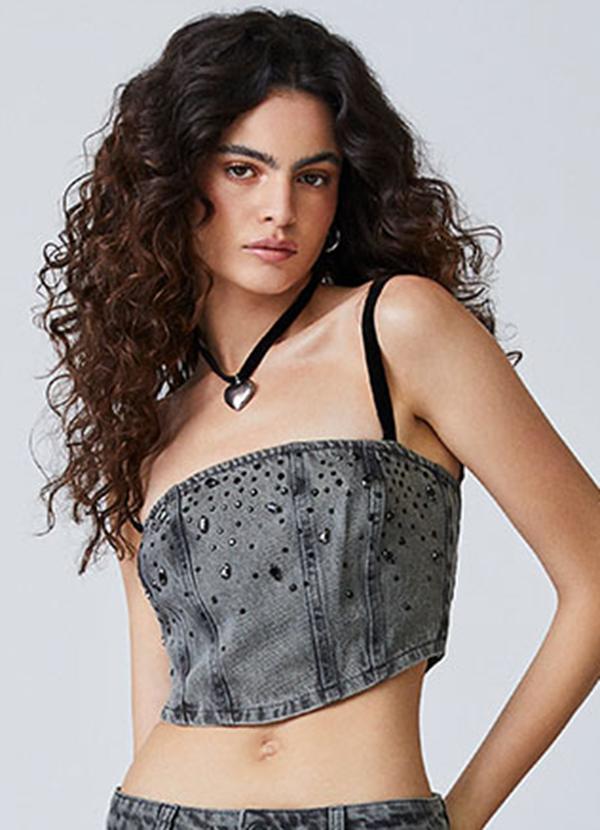 Top Jeans Preto com Pedrarias Preto