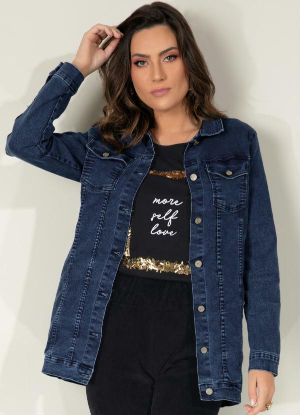 Jaqueta Alongada Jeans Escuro com Bolsos