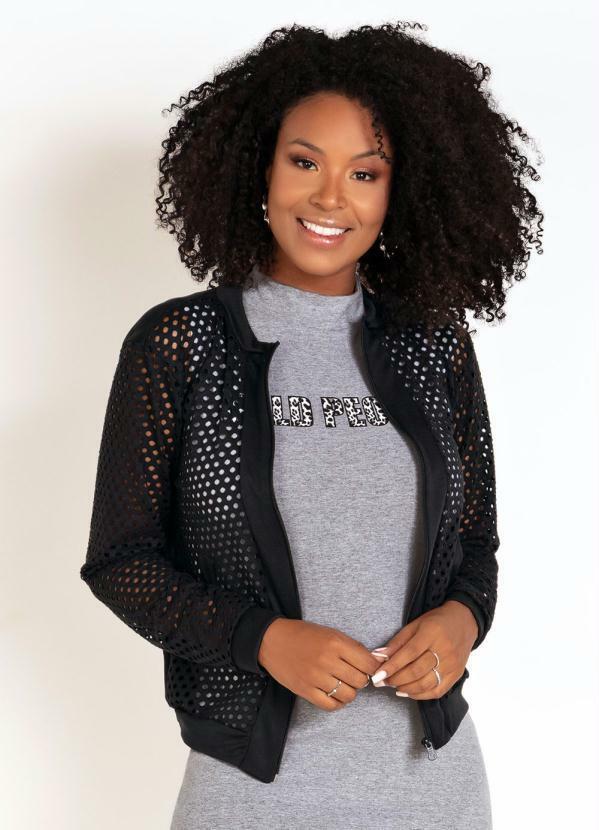 Vista 2 Jaqueta Bomber Preta em Malha Arrastão Moda Pop Moda Pop