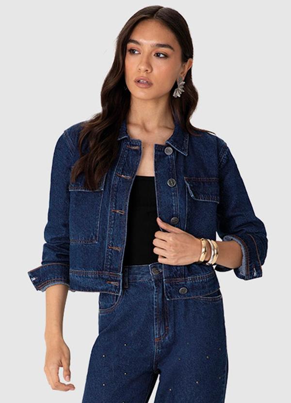Jaqueta Cropped Jeans Azul Escuro