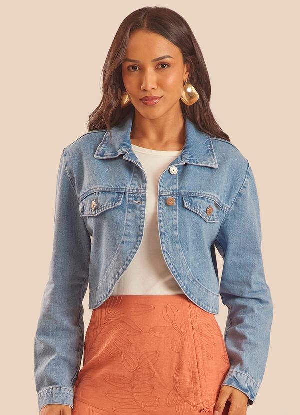 Jaqueta Cropped Jeans Barra Arredondada Azul