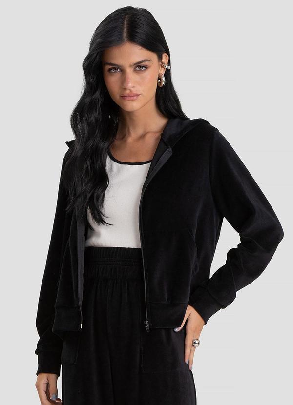Jaqueta Feminina Plush com Capuz Preto